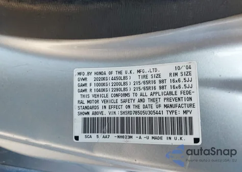 2005 Honda Cr-V Lx из США, поврежденный, VIN SHSRD78505U305441